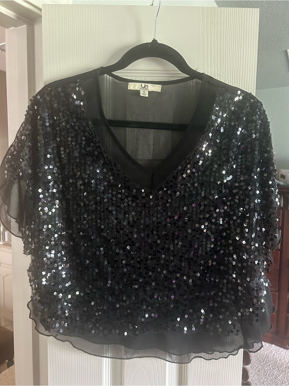 Ya Los Angeles Black Sequin V-Neck Sheer Overlay Top